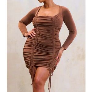 Mirage Plus Brown Long Sleeve Ruched Mini Dress